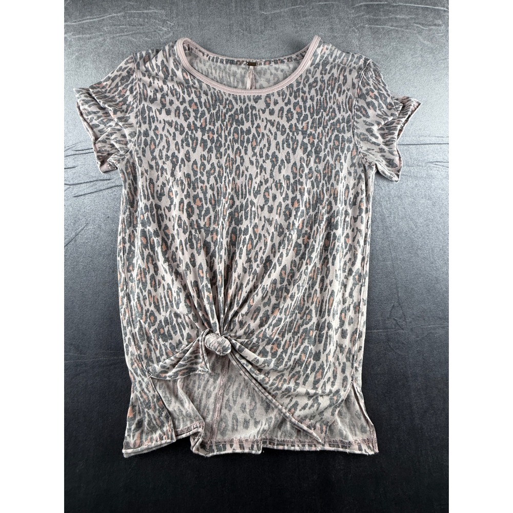 Free People Women Pink Grey Leopard Print Front Knot Short Sleeve Tee Shirt S